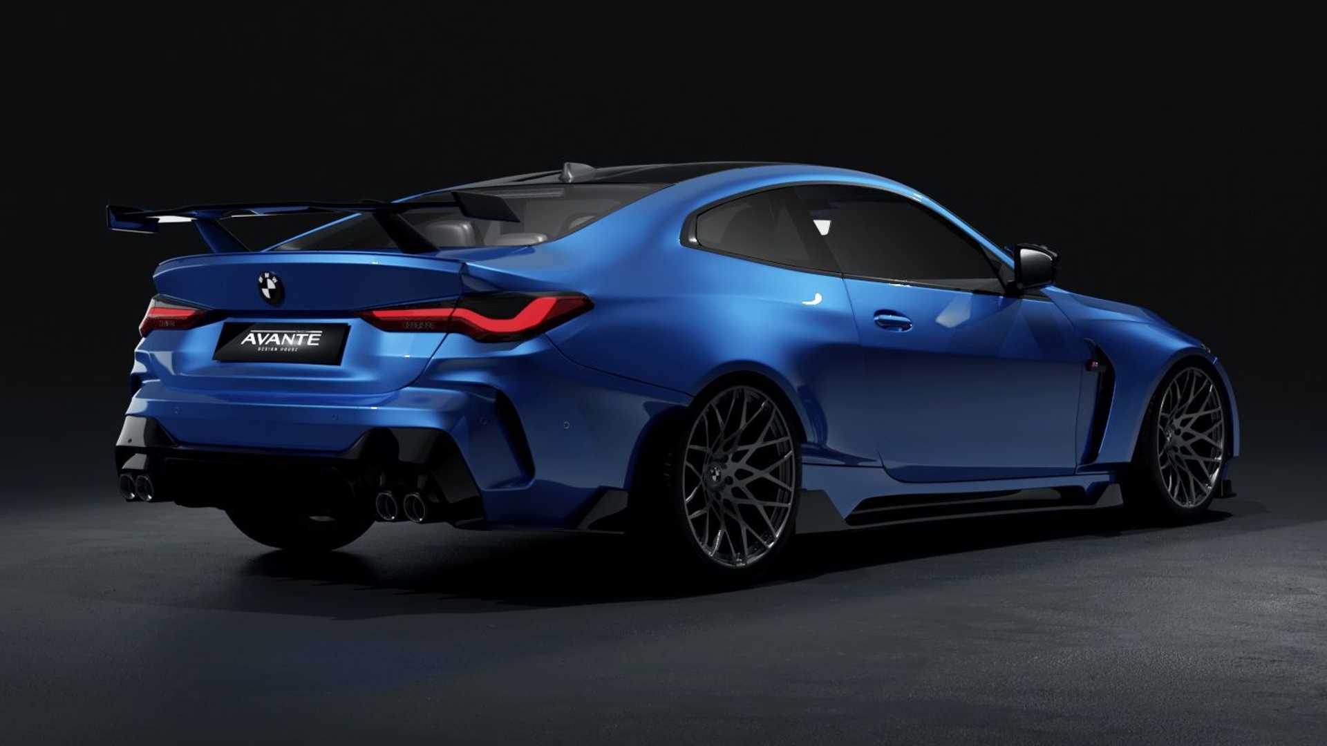 نمای عقب کوپه بی ام و ام 4 /  BMW M4 Coupe با کیت بدنه آوانته دیزاین / Avante Design آبی رنگ