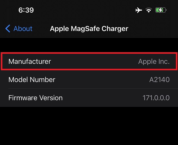 صفحه شارژر مگ سیف اپل در بخش تنظیمات iOS آیفون