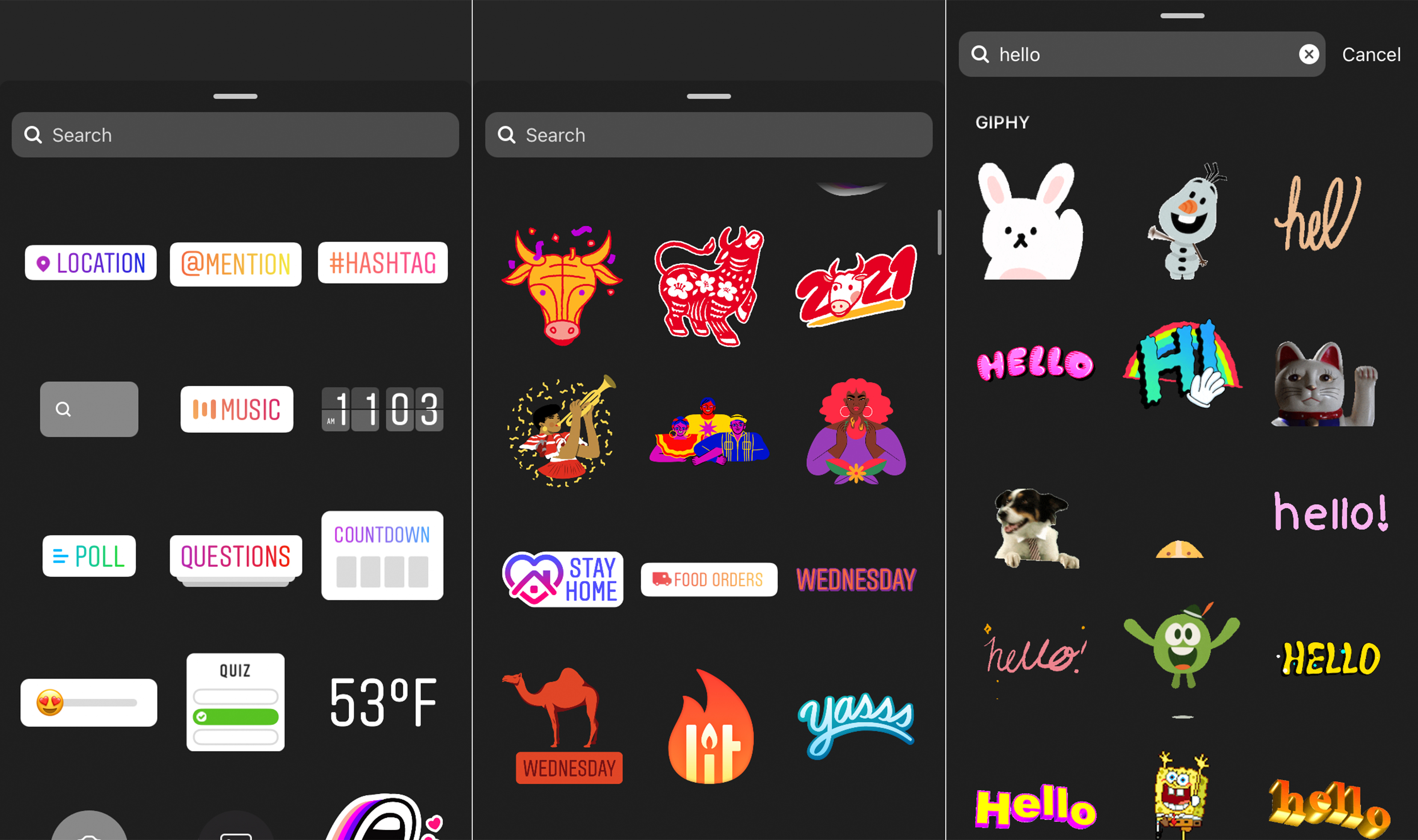 Instagram story stickers and gifs section