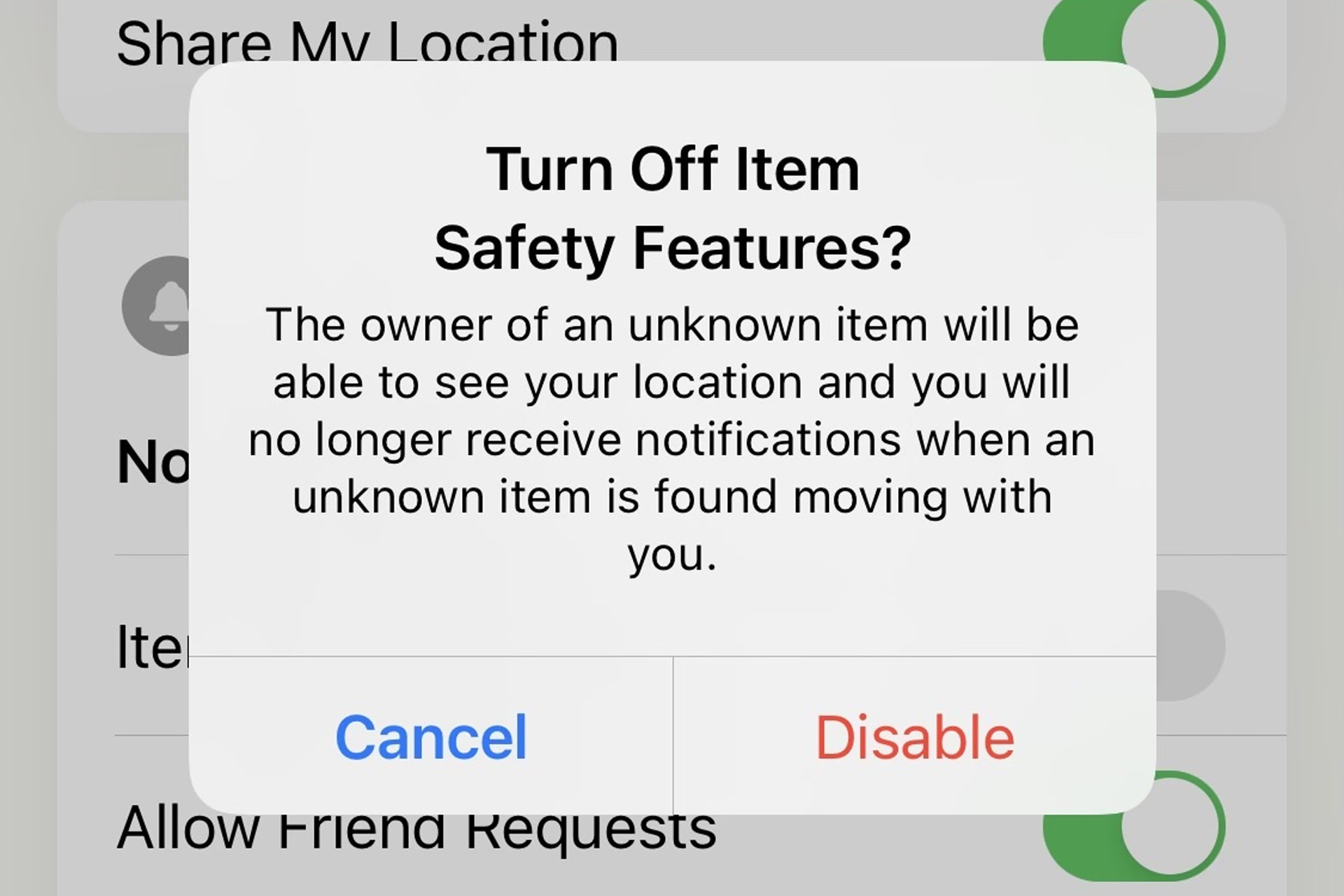 نوتیفیکشن خاموش سازی Item Safety Aletrs در اپلیکیشن Find My بتای iOS 14.5
