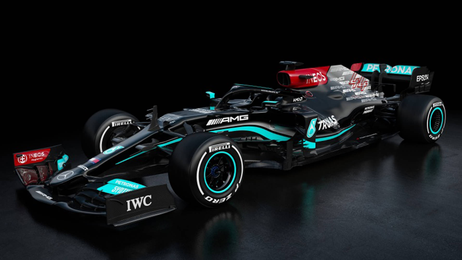 نمای سه چهارم خودروی تیم فرمول یک مرسدس ای ام جی پتروناس / Mercedes-AMG Petronas W12 car در فصل 2021