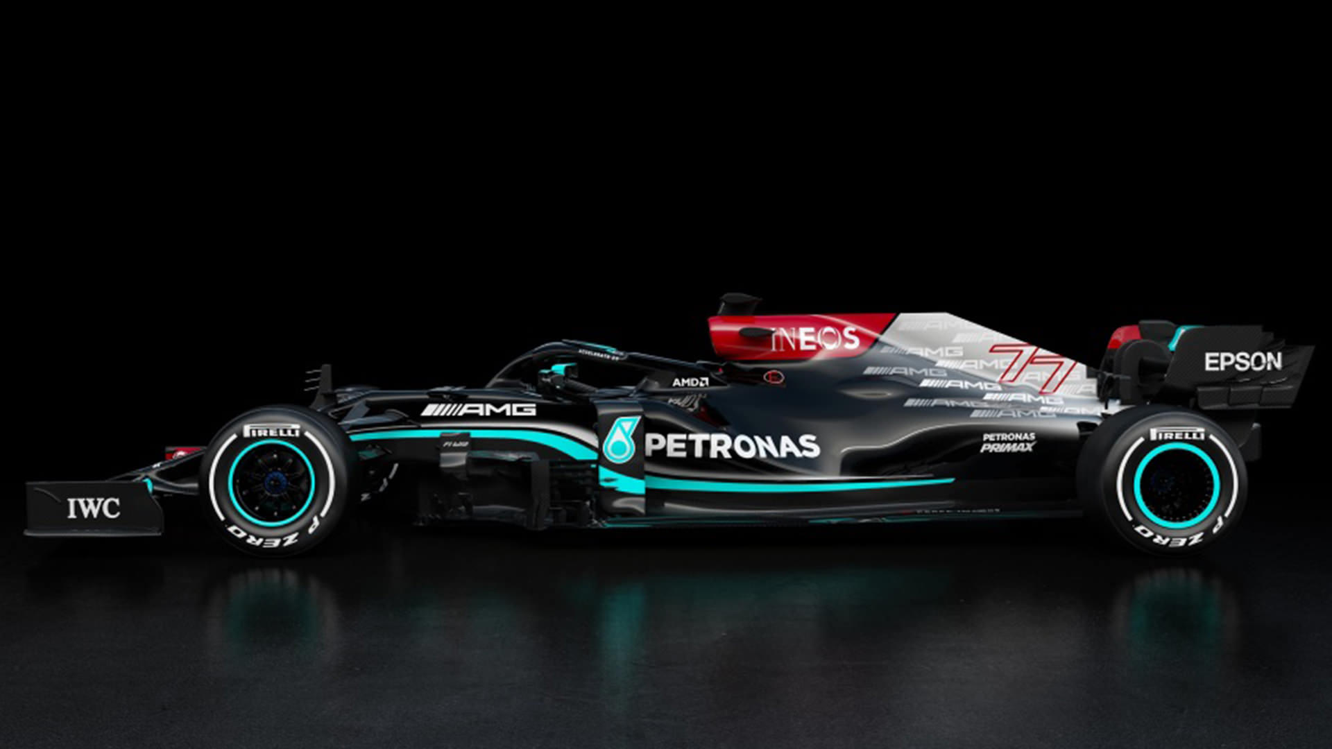 نمای جانبی خودروی تیم فرمول یک مرسدس ای ام جی پتروناس / Mercedes-AMG Petronas W12 car در فصل 2021 سیاه رنگ