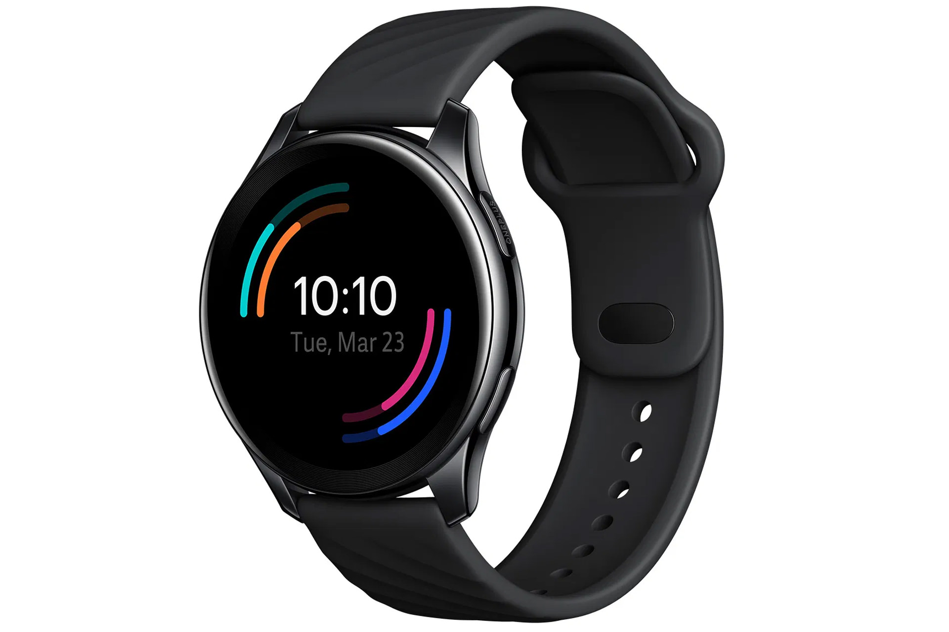 Black model of OnePlus Watch from front view