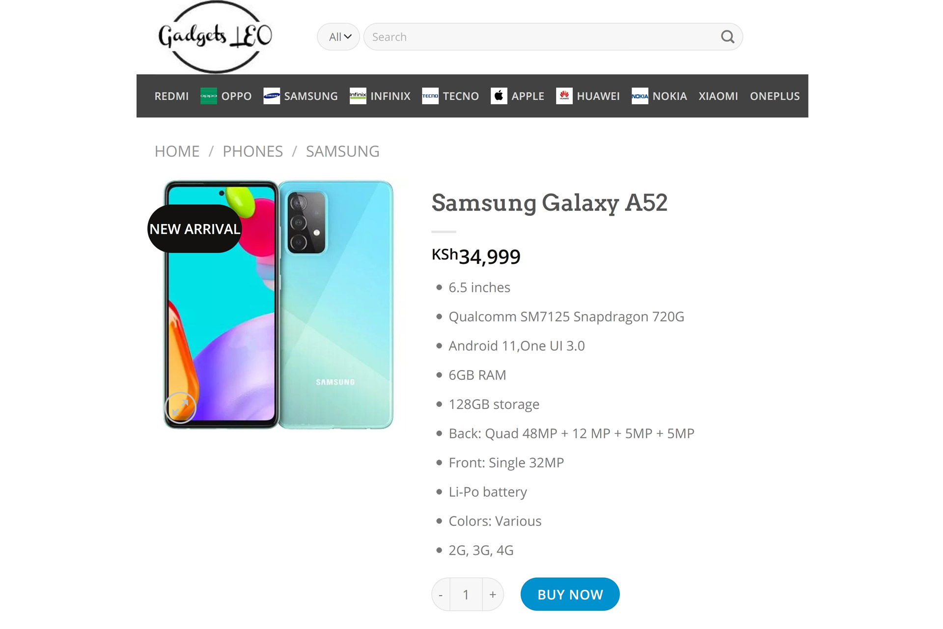 صفحه گلکسی ای 52 / Galaxy A52 سامسونگ در وب سایت کنیایی