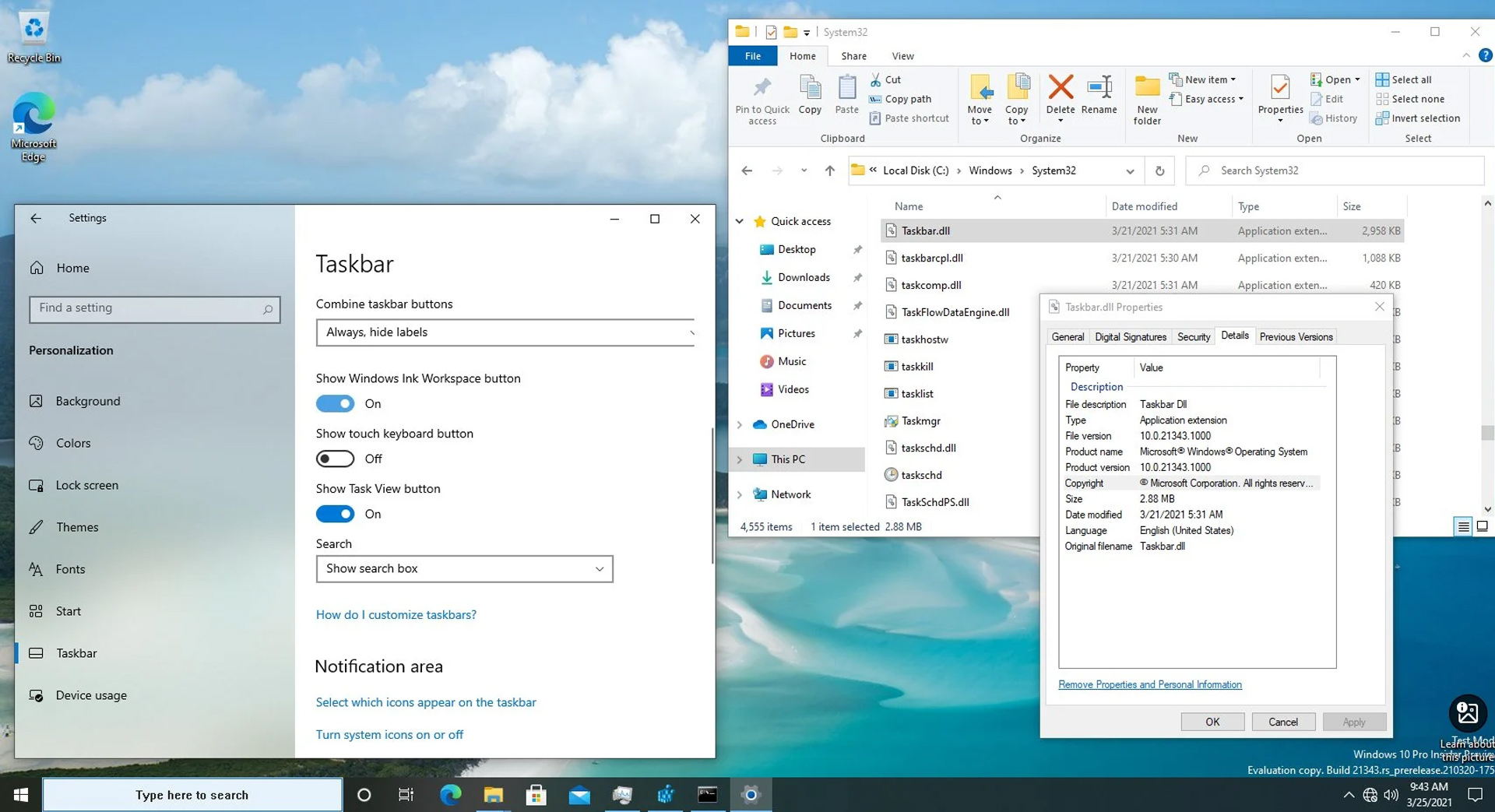 اسکرین شات ویندوز ۱۰ / Windows 10 نمایش فایل جدید Taskbar.dll