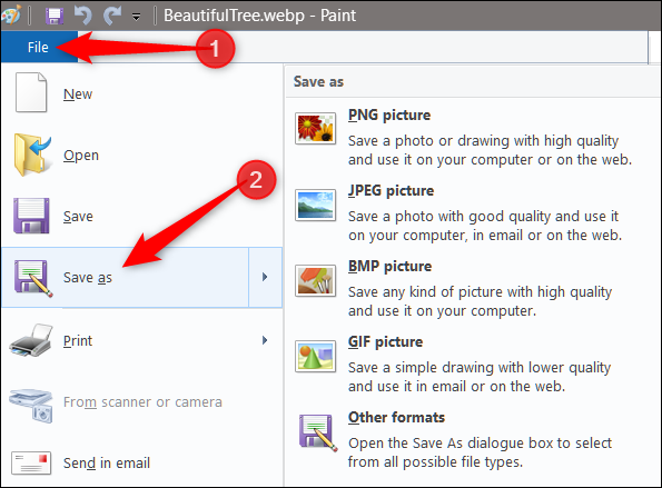 استفاده از مایکروسافت Paint/ذخیره‌ی تصاویر WebP با فرمت JPG و PNG
