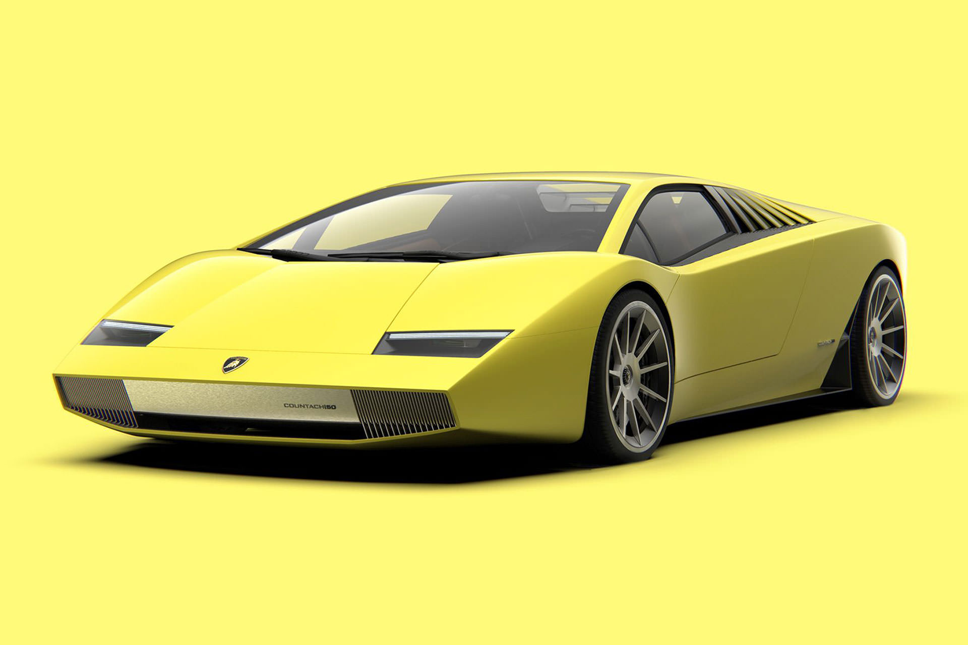 نمای سه چهارم جلو مدل مفهومی لامبورگینی کانتاش 50 اماجو / Lamborghini Countach 50 Omaggio زرد رنگ