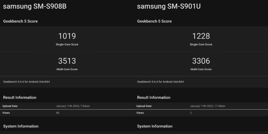 Snapdragon 8 Generation 1 and Exynos 2200 Galaxy S22 in Geekbench