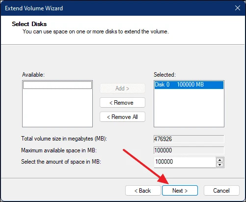 افزایش ظرفیت حافظه ذخیره سازی در ابزار Disk Management برای پارتیشن بندی ویندوز ۱۱