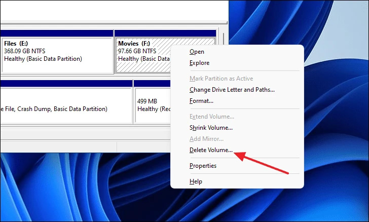 گزینه حذف درایو در ابزار Disk Management برای پارتیشن بندی ویندوز ۱۱