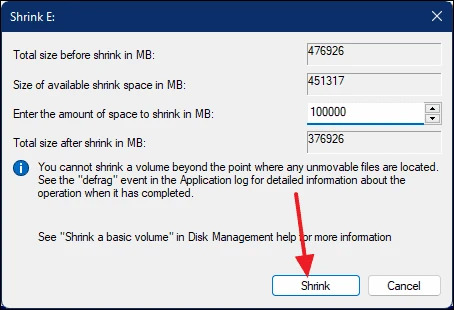 کاهش حجم درایو در ابزار Disk Management برای پارتیشن بندی ویندوز ۱۱