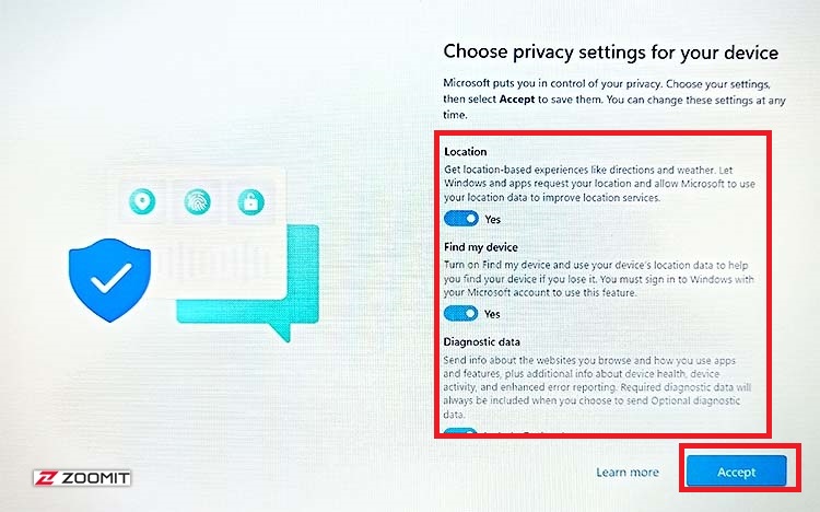 تنظیمات حریم خصوصی در هنگام نصب ویندوز 11