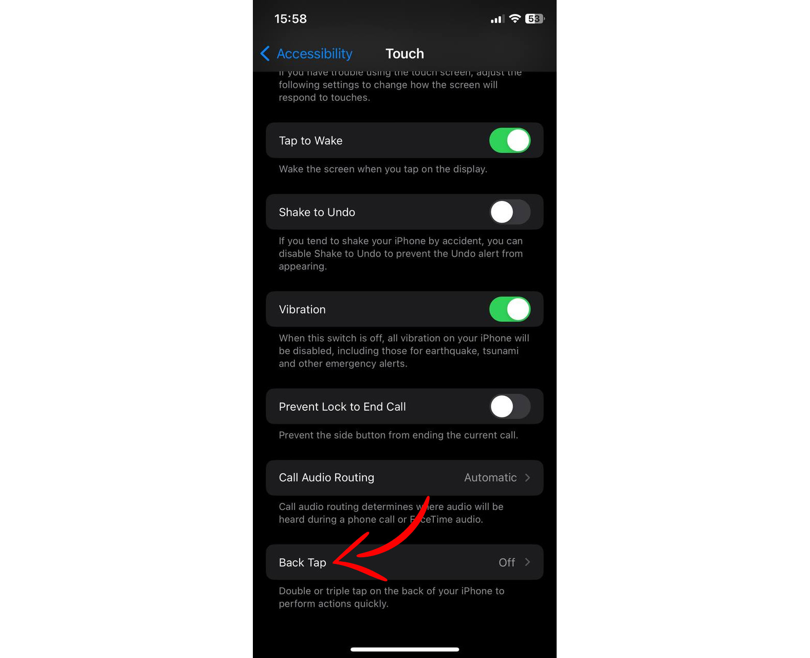 Back Tap option in iPhone settings menu