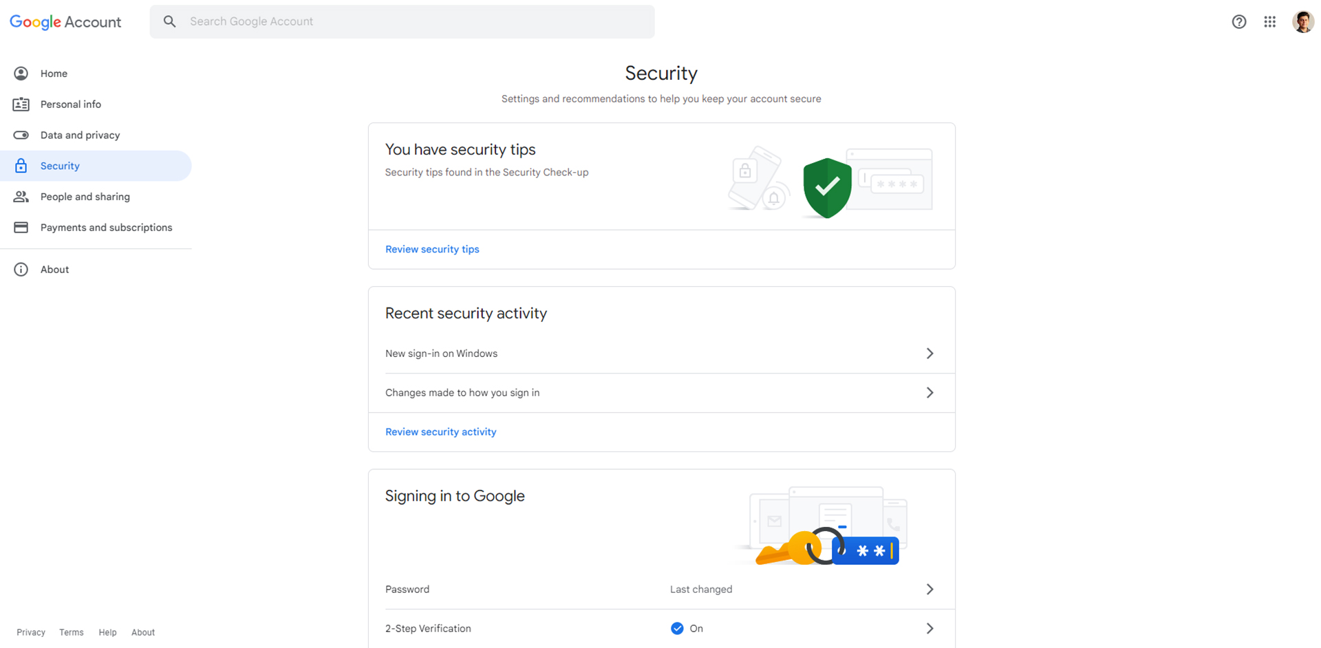 بخش امنیت حساب کاربری گوگل