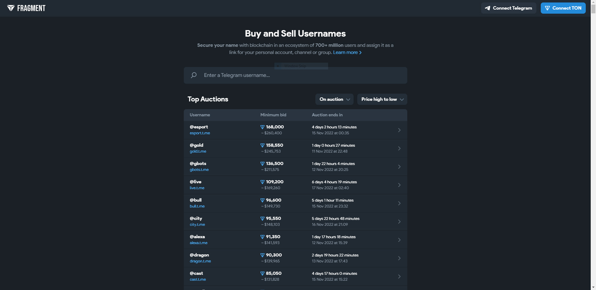The main page of the Fragment platform for selling Telegram usernames