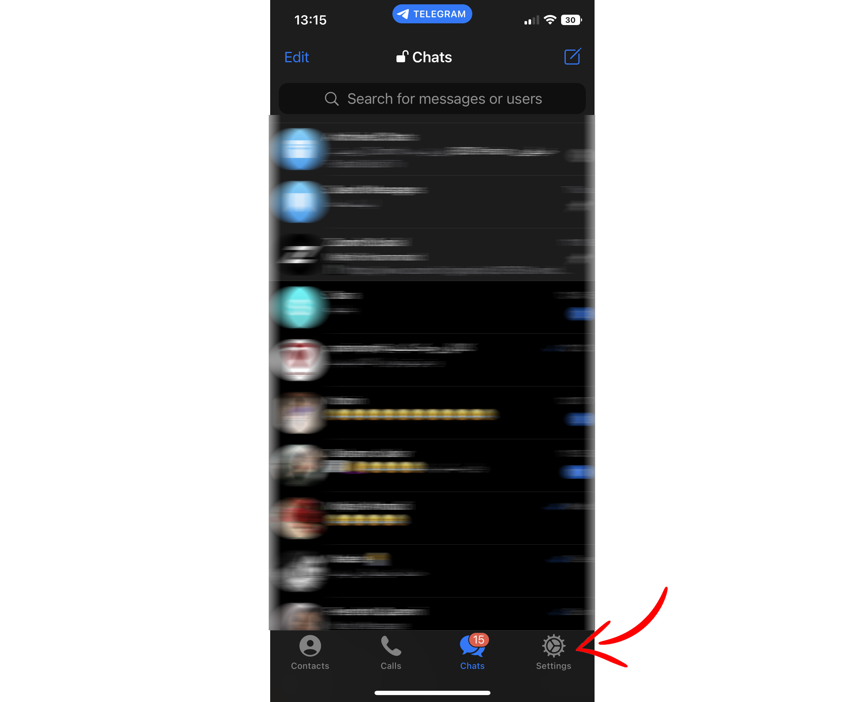اسکرین شات تلگرام iOS آیفون صفحه اصلی چت