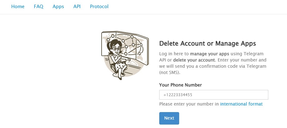 صفحه اصلی My Telegram برای حذف اکانت تلگرام وب