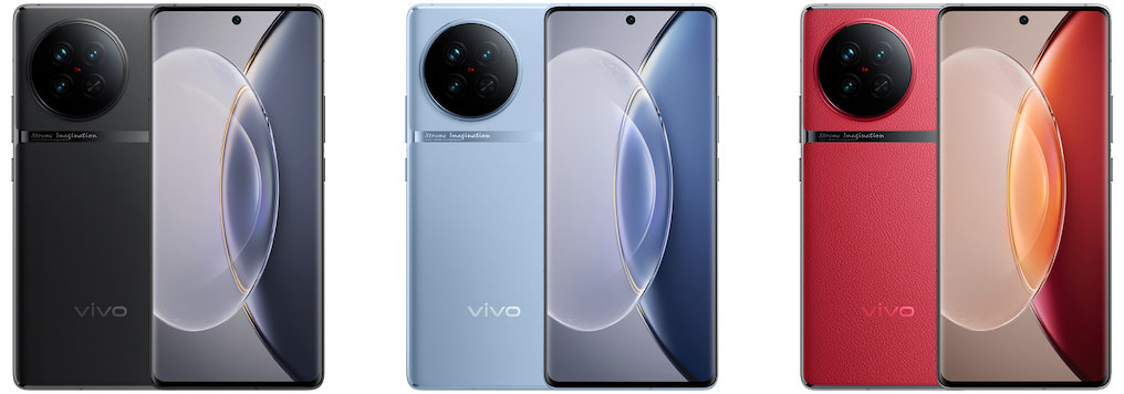 Front and back view of Vivo X90 in all colors