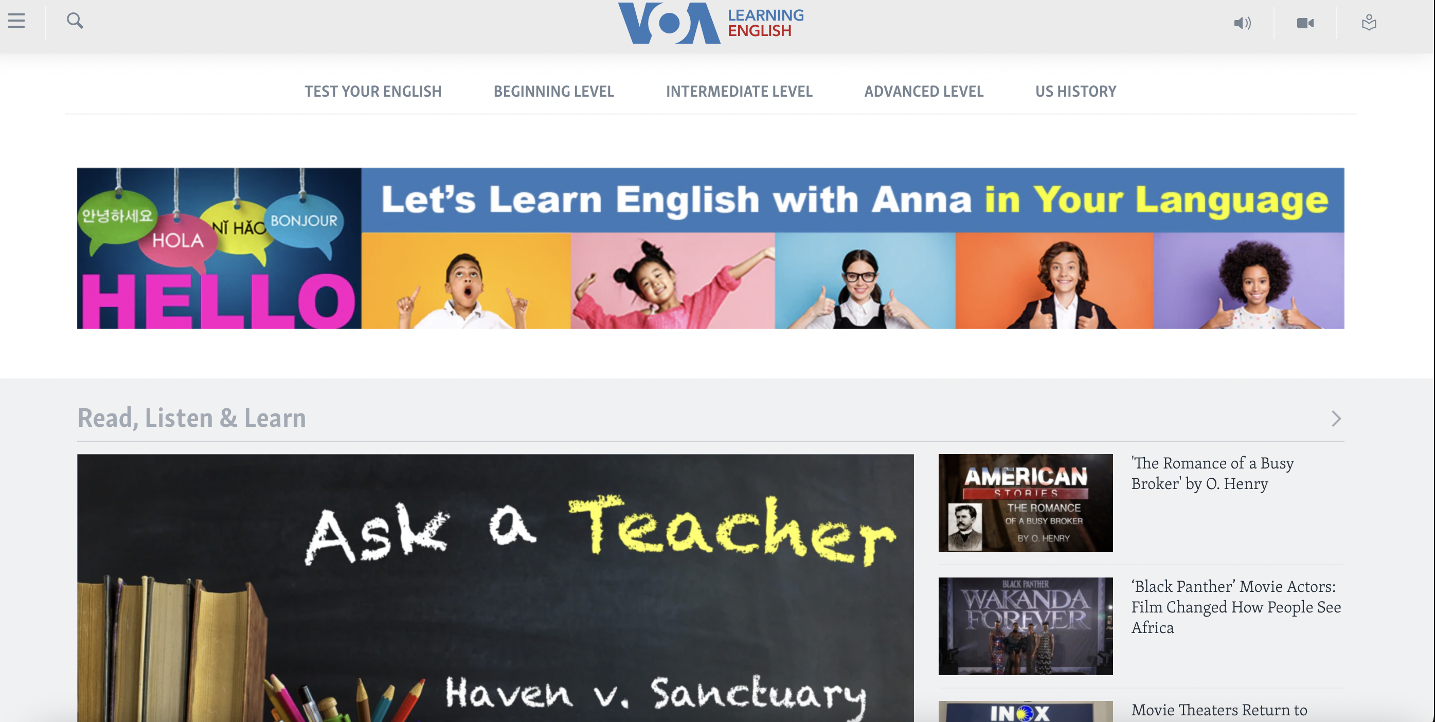 صفحه نخست وب‌سایت VOA Learning English