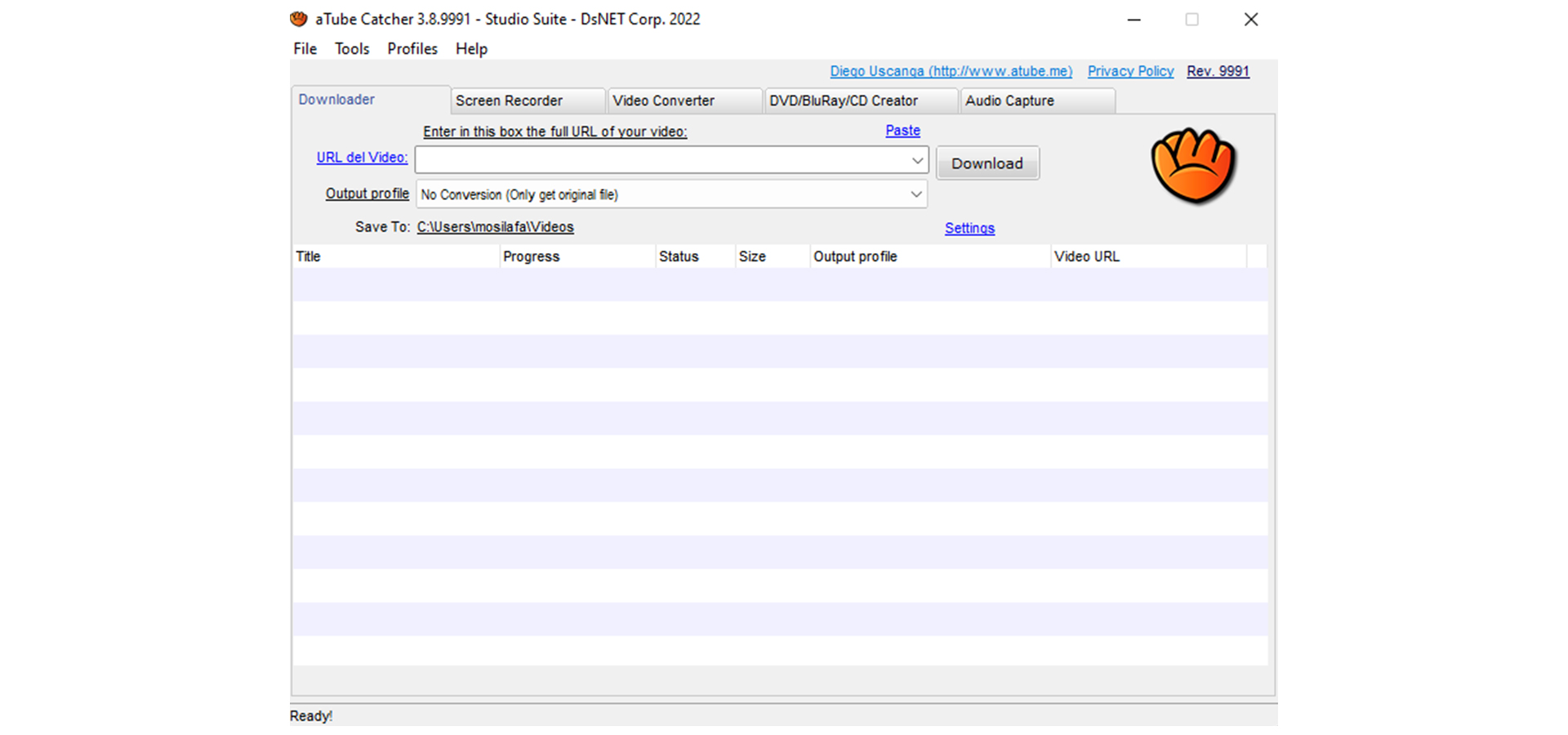 Screenshot of aTube catcher software download environment