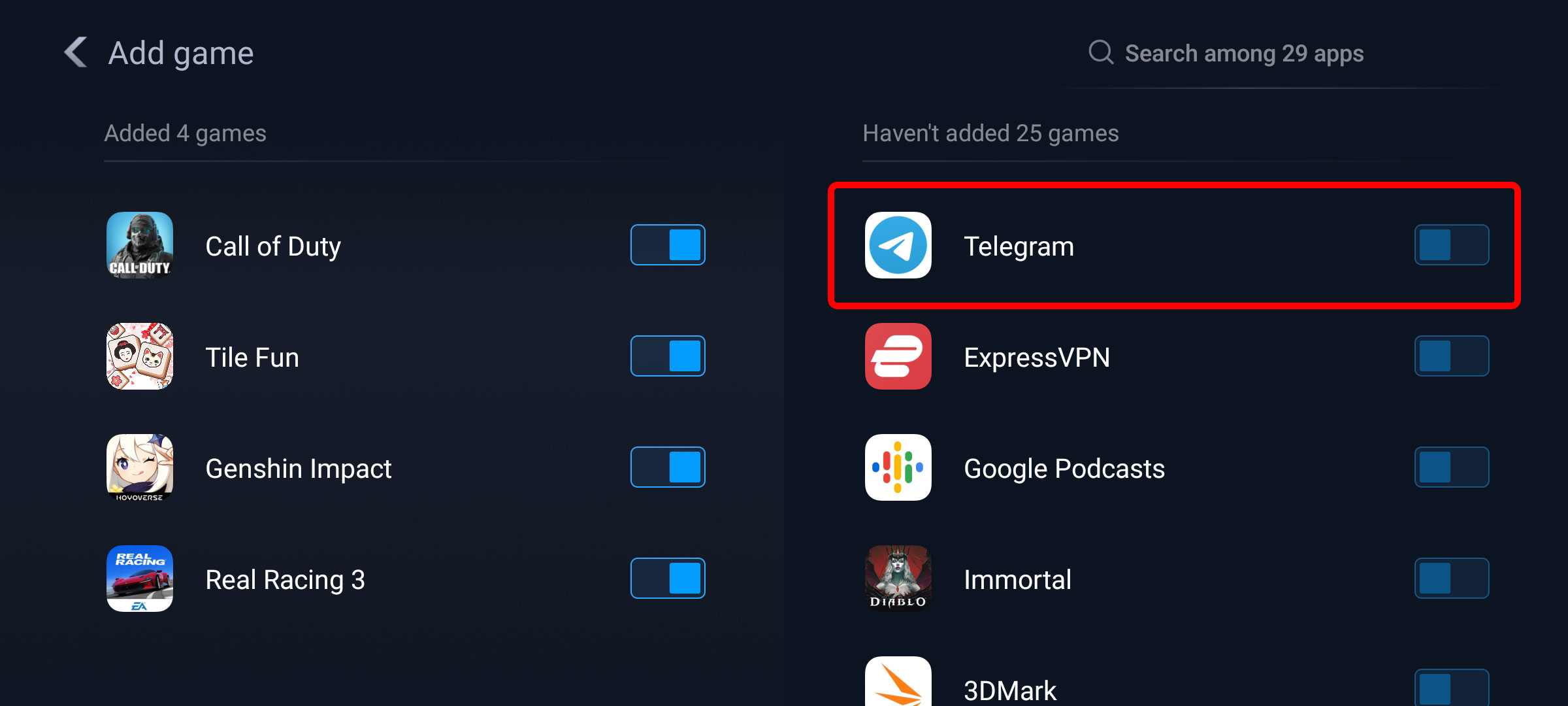 Add Telegram to Turbo game menu