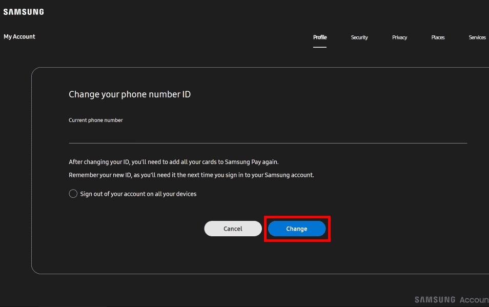 3- Change phone number in Samsung account