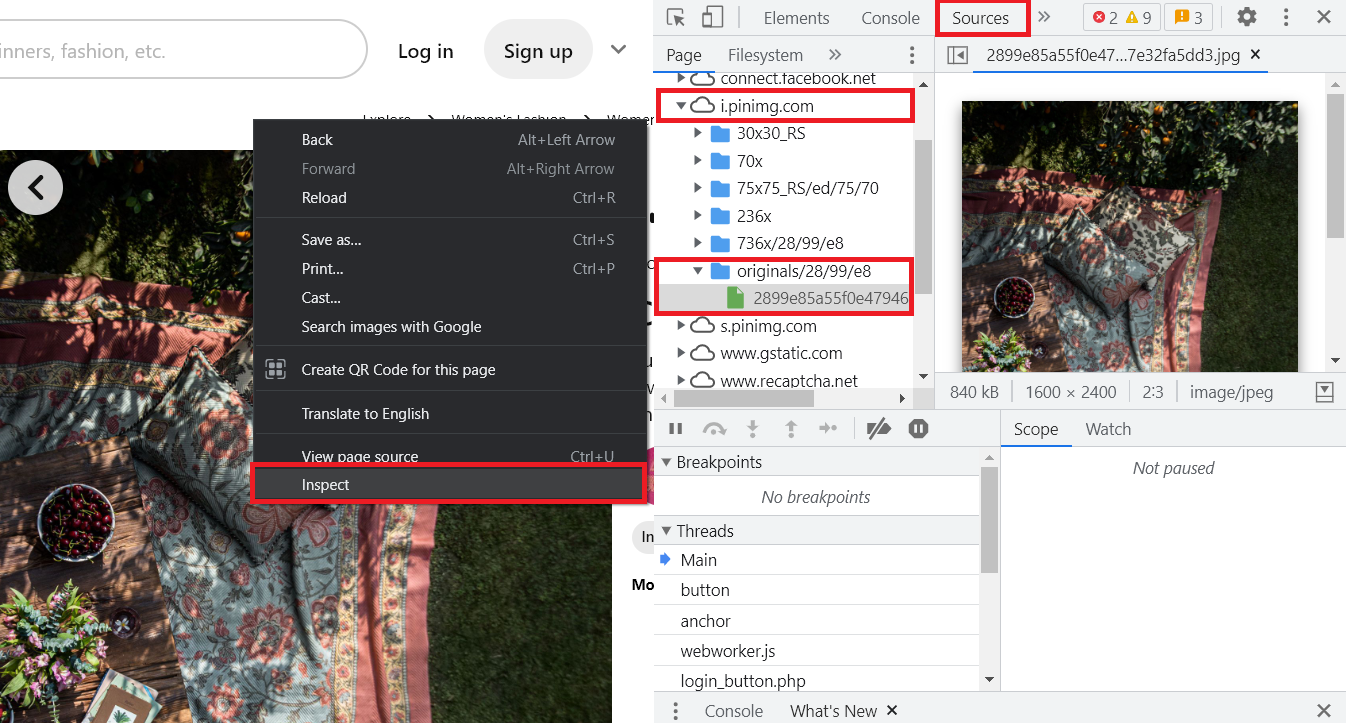 Download high quality photos from Pinterest with Inspect