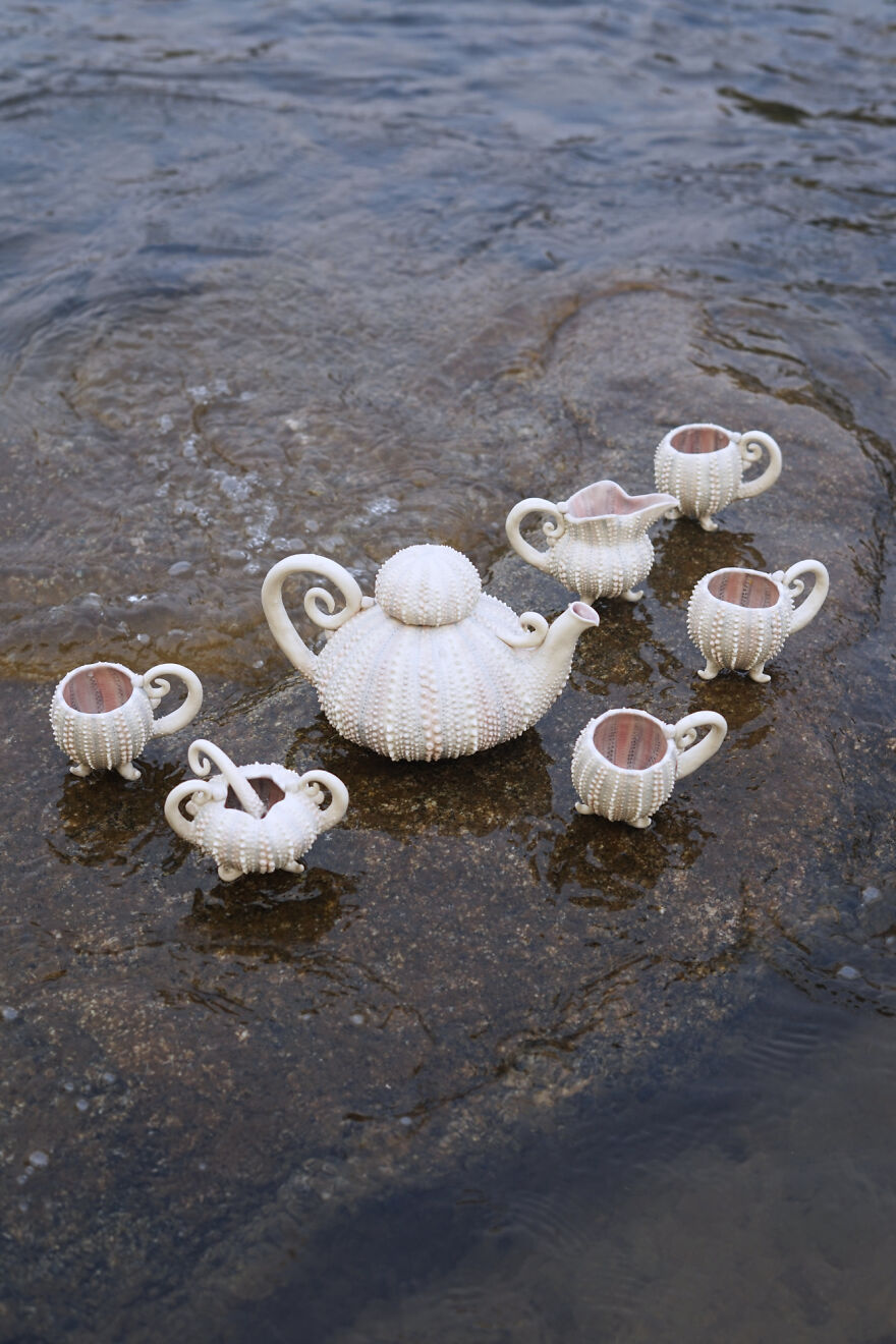 Ceramic set / white coral coffee set on the beach