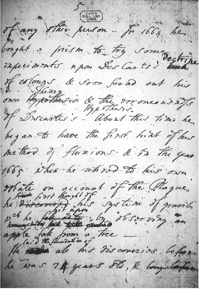 John Conduit's handwriting from the story of the apple fall and the discovery of Newton's gravity
