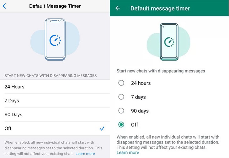 تنظیمات حریم خصوصی Default message timer در واتساپ