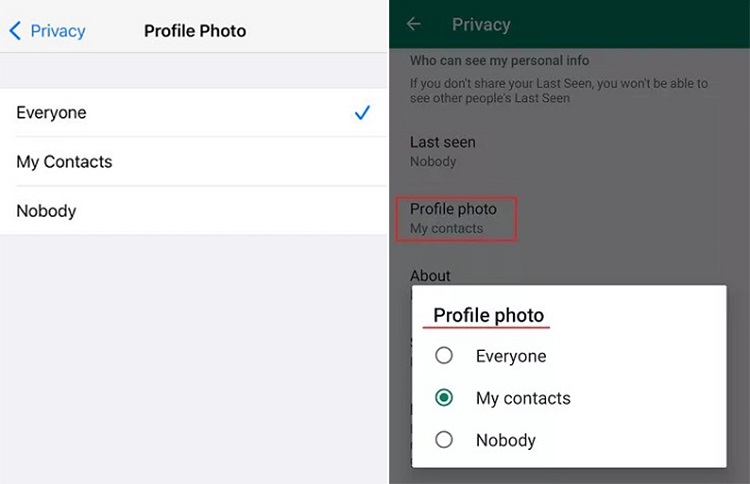 تنظیمات حریم خصوصی تصویر پروفایل در واتساپ