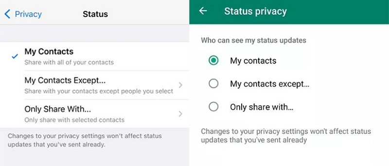 تنظیمات حریم خصوصی Status در واتساپ