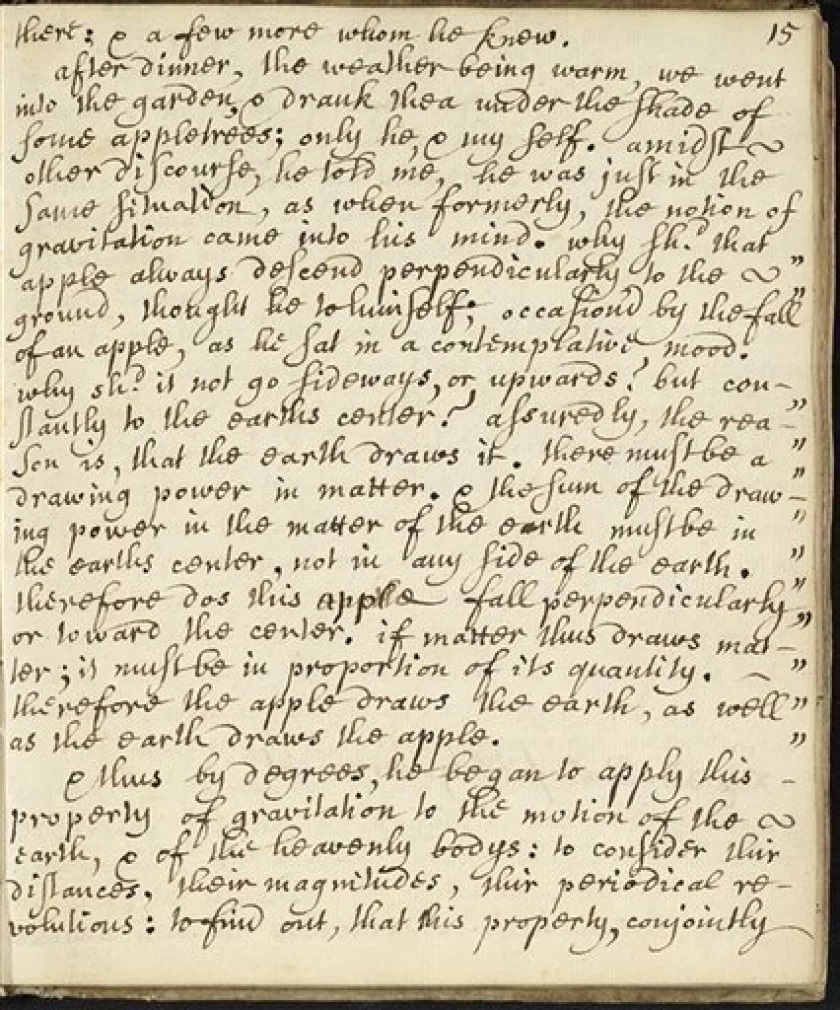 William Stockley's manuscript of the story of Newton's apple fall