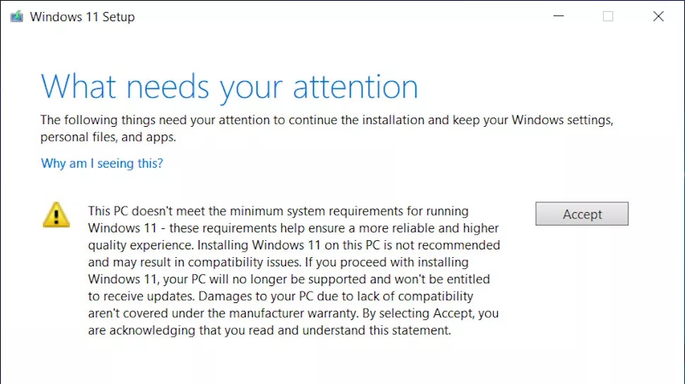هشدار نصب ویندوز ۱۱ روی دستگاه های پشتیبانی نشده