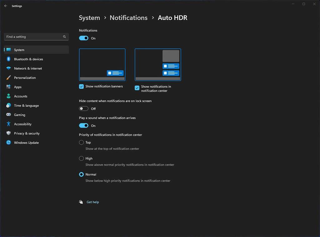 تنظیمات اعلان های Auto HDR ویندوز ۱۱