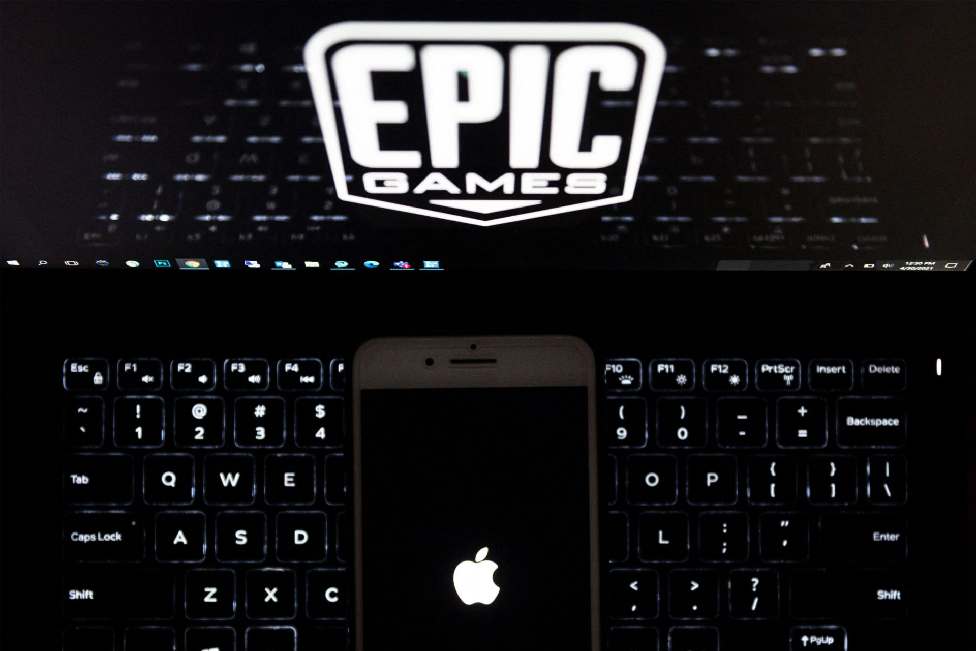 آیفون لوگو اپل روی کیبورد و لوگو اپیک گیمز روی لپ تاپ