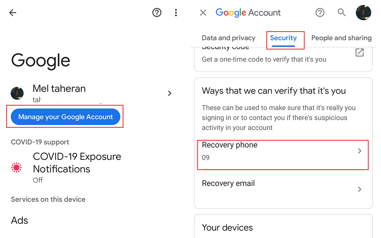تغییر شماره Recovery phone اکانت گوکل