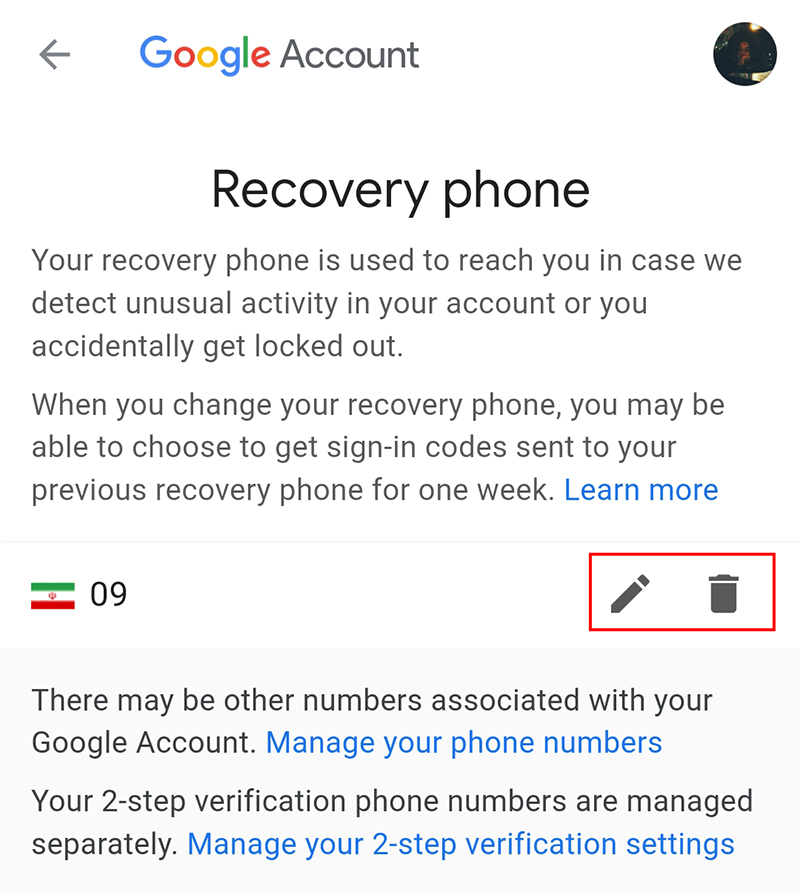 تغییر شماره Recovery phone در تنظیمات گوگل-۲