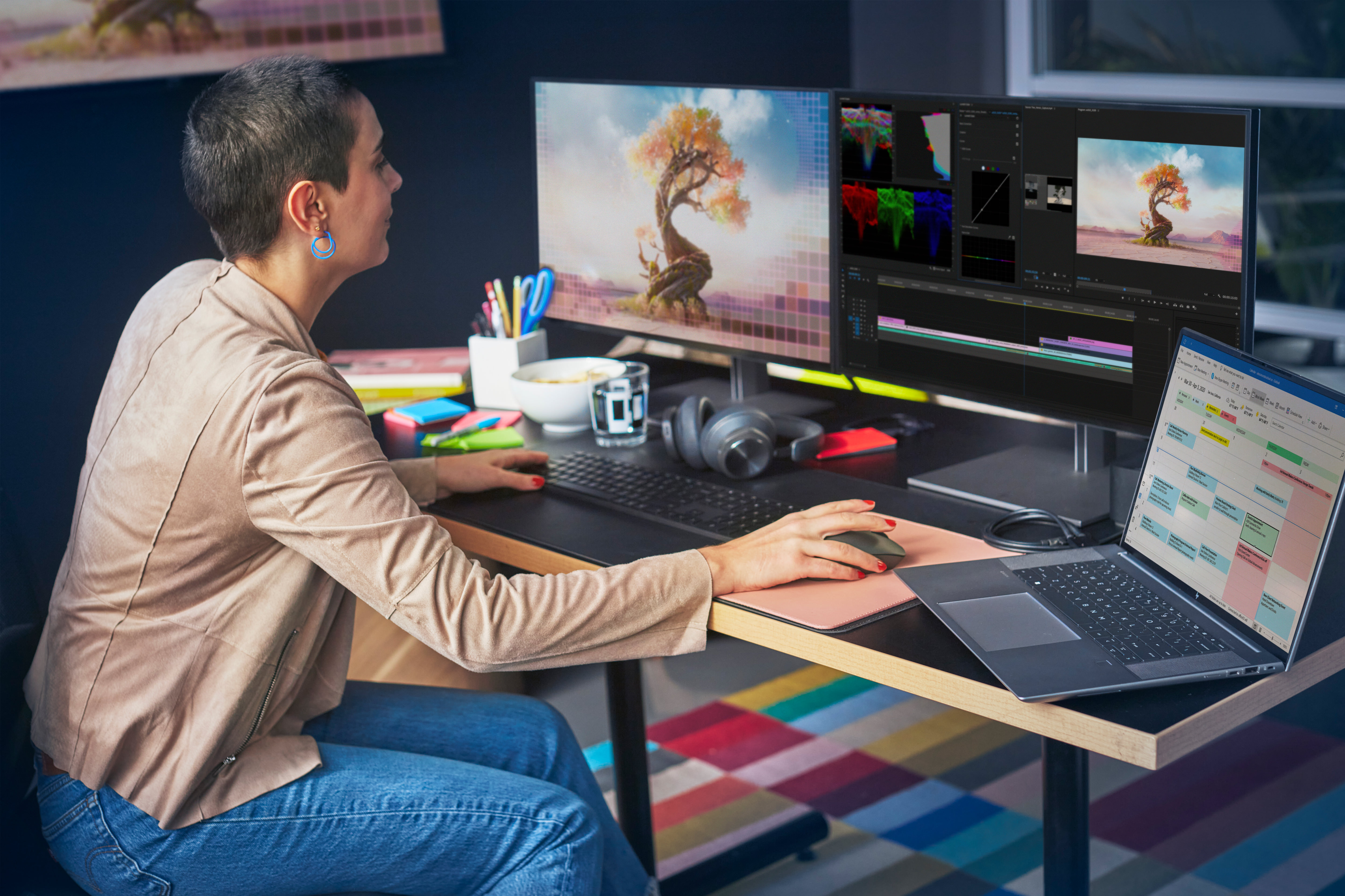 woman using hp zbook studio g9 laptop on table monitor - HP لپ تاپ Studio G9 را با تراشه نسل دوازدهمی، نمایشگر ۱۶:۱۰ و ۴ ترابایت SSD رونمایی کرد