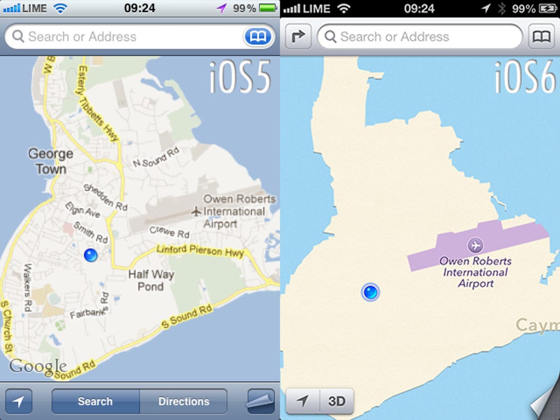 تفاوت جزئیات نقشه اپل و گوگل کاملا واضح است