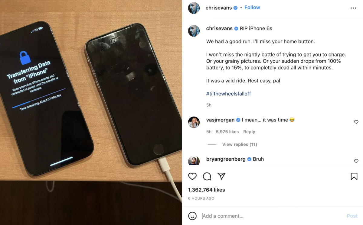 Chris Evans's Instagram post to say goodbye to the Apple iPhone 6s