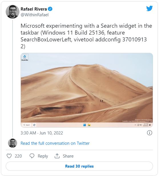 توییت رافائل درباره ویجت جستجو جدید ویندوز ۱۱