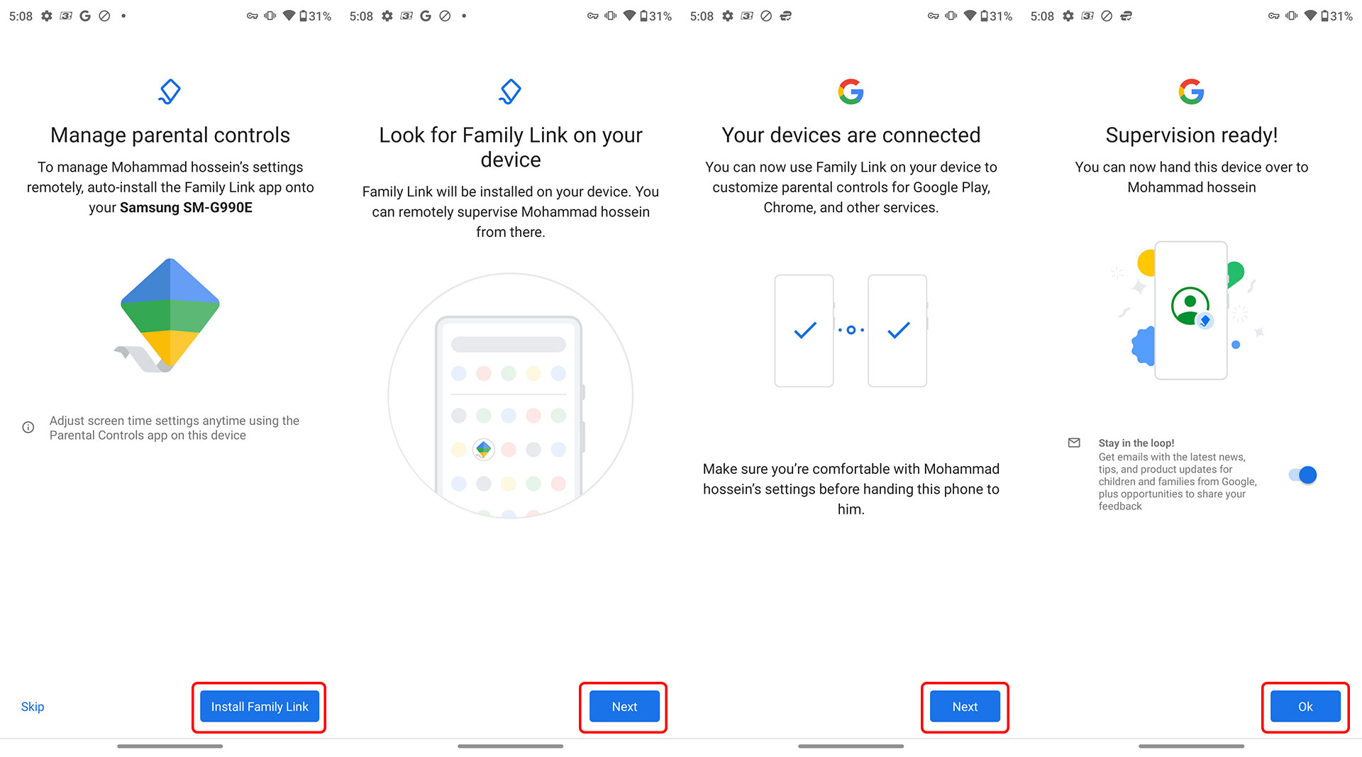 متصل کردن دستگاه کودک و والدین در Google Family Link