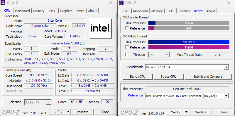اسکرین شات CPU-Z از عملکرد پردازنده Intel Core i5-13600K