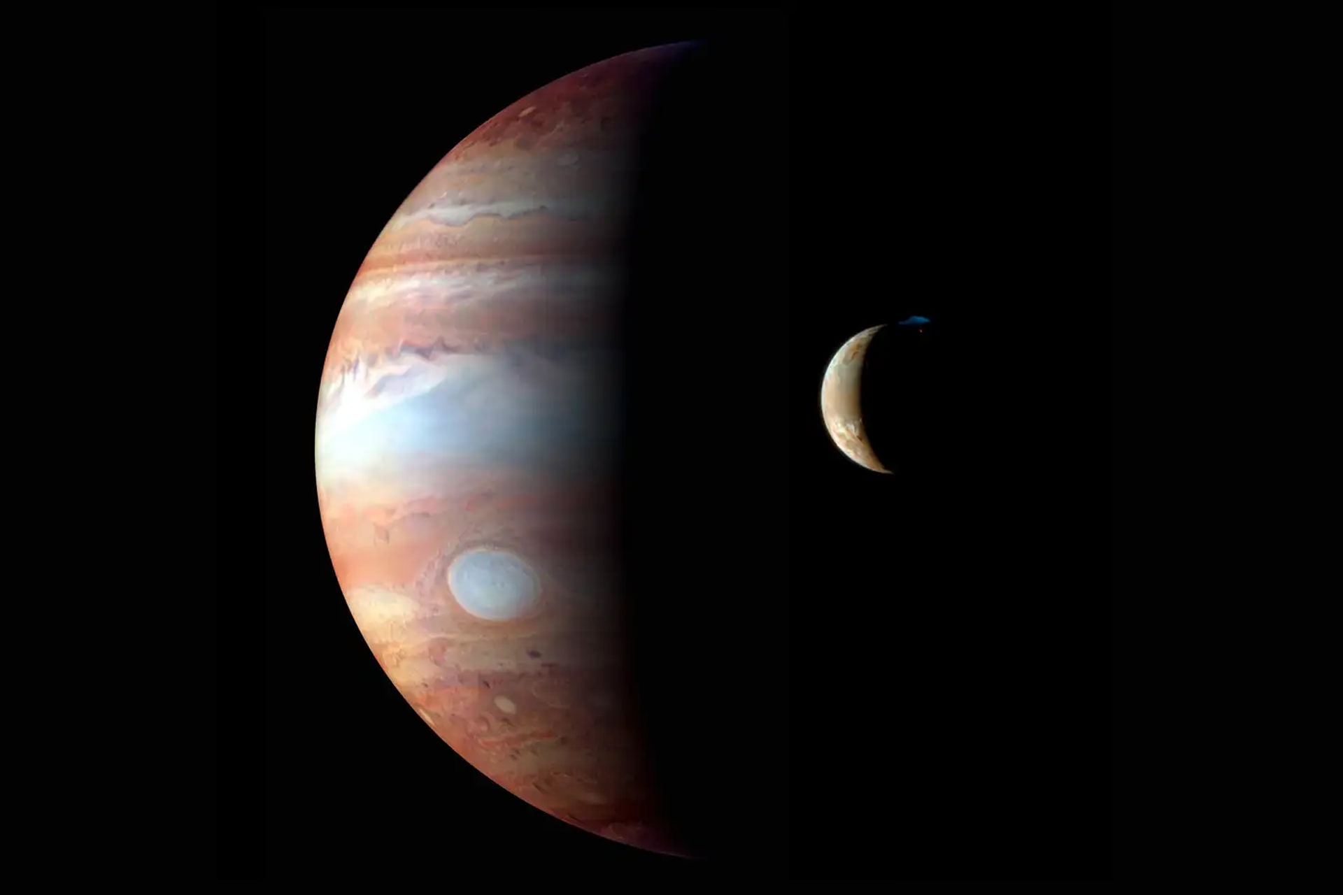 نمایش از مشتری و قمر آیو ثبت شده با فضاپیما نیو هورایزنز ناسا