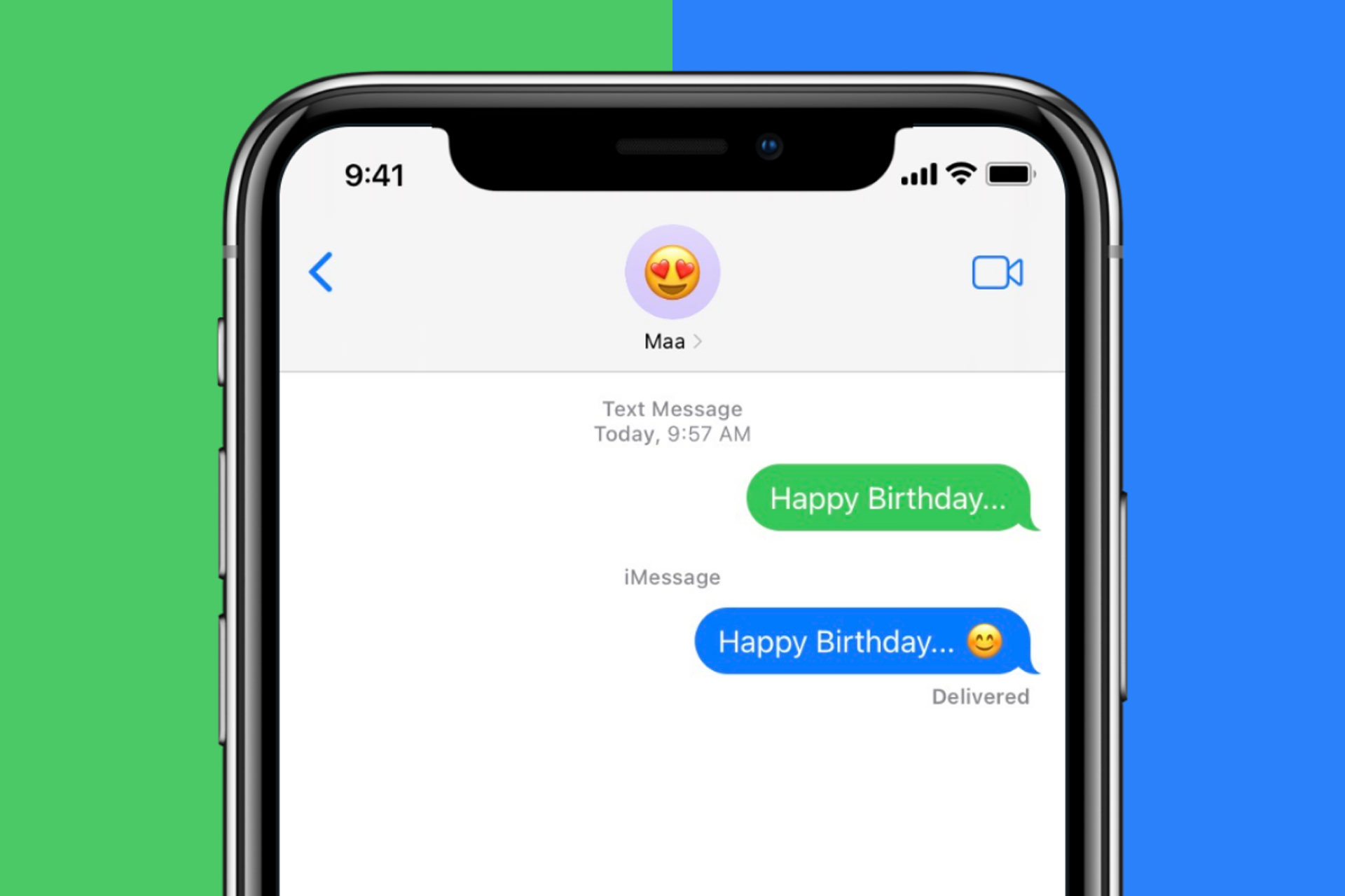 Send a message in Apple iMessage green and blue bubble