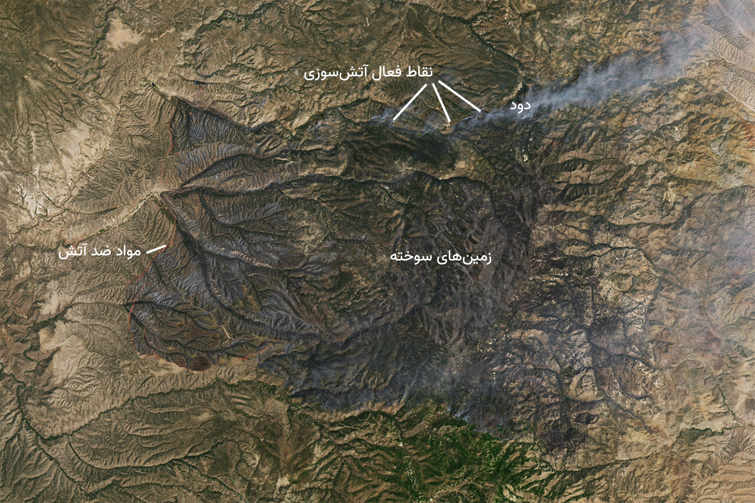تصویر ماهواره ای لندست از آتش سوزی سیاه رنگ طبیعی