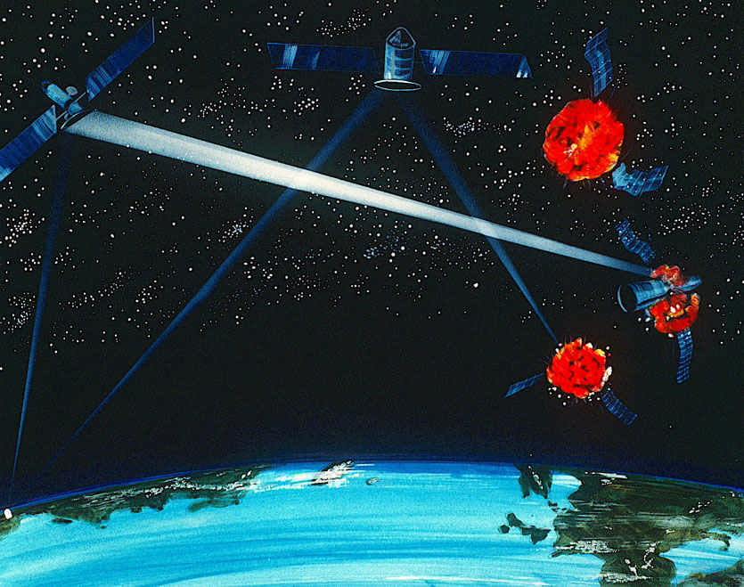 تصویر مفهومی از نیروی هوایی آمریکا که سامانه سلاح‌های ضدماهواره‌ای از زمین و فضا را نشان می‌دهد. عکس: ۱۹۸۴.