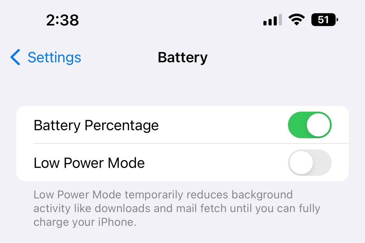 اسکرین شات منوی تنظیمات در بتای iOS 16 نمایش درصد باتری در داخل آیکون باتری نوار وضعیت