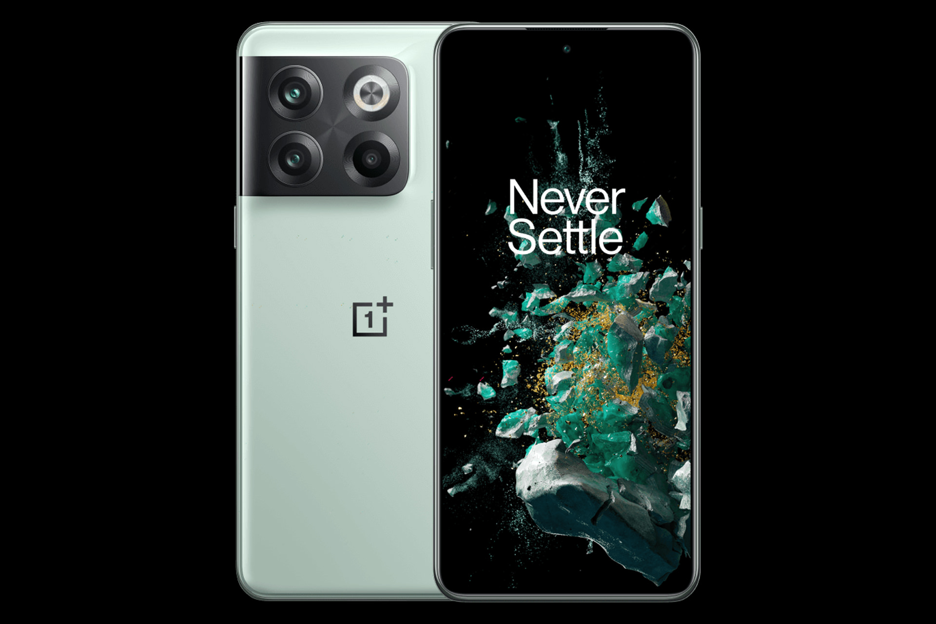 Front and back view of OnePlus Ace Pro, green model